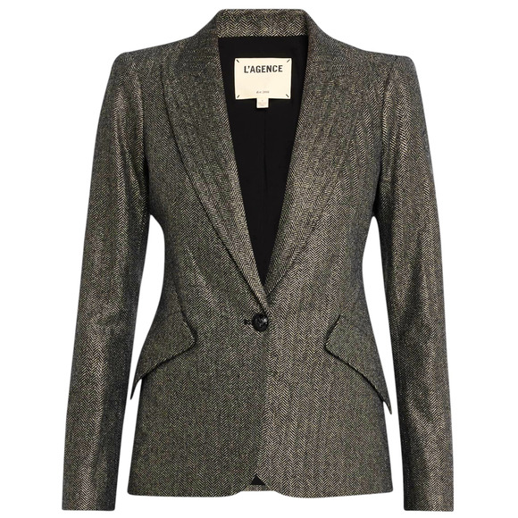 L'AGENCE Chamberlain Metallic Herringbone Blazer in Grey/Gold 6|S - Picture 1 of 14